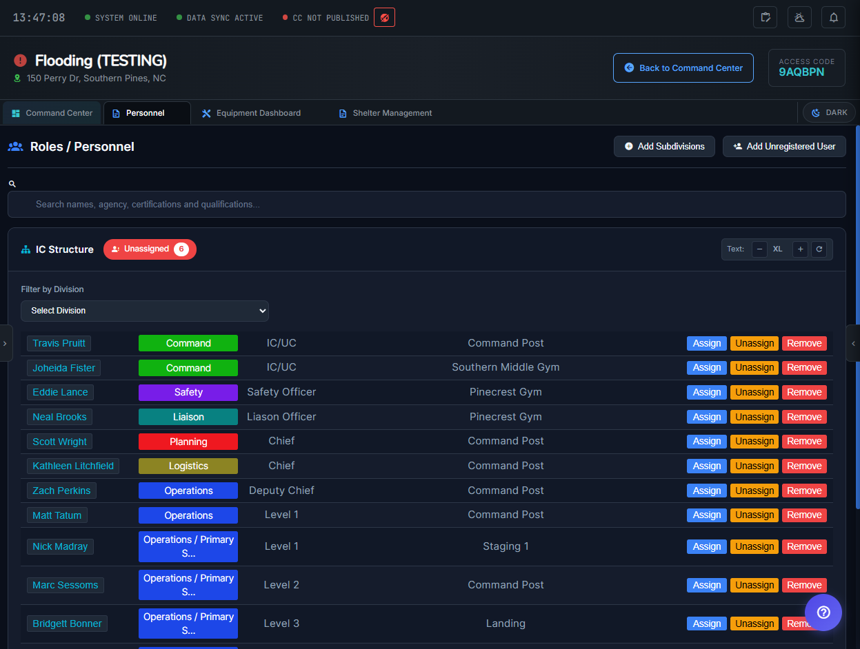 ICAware Personnel Management - ICS Structure with role assignments for Command, Safety, Liaison, Planning, Logistics, and Operations