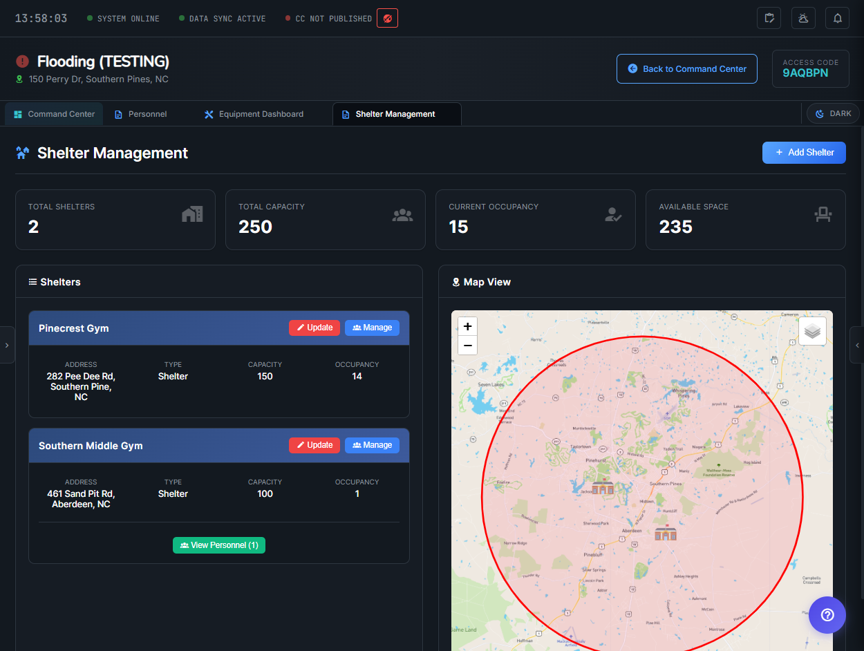 ICAware Shelter Management - Track shelter capacity, occupancy, and locations with map integration